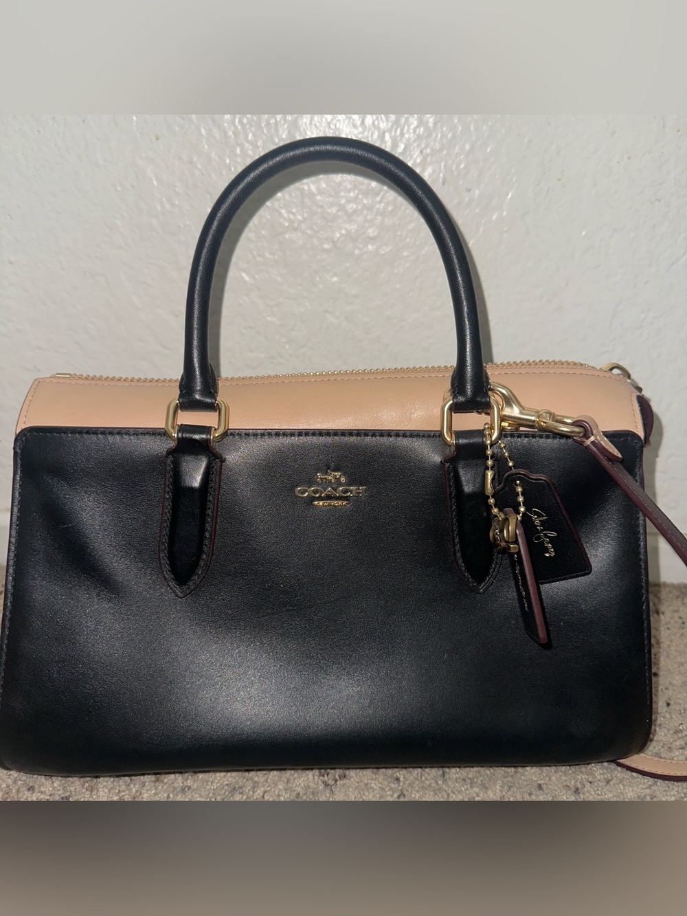 Selena Gomez Coach Two-Tone Leather Satchel – Black and Beige